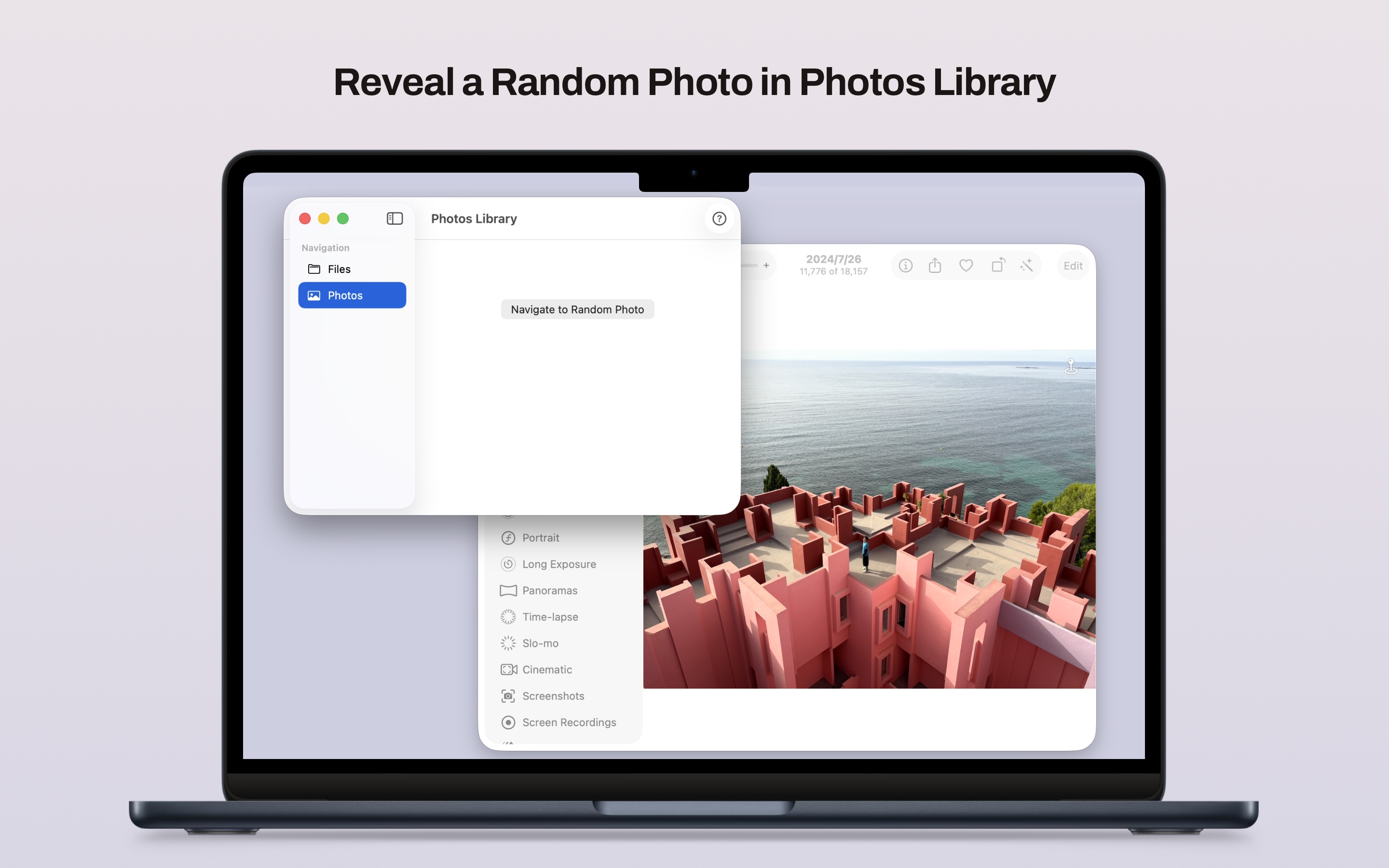 RandomFinder showing random photo from Photos library